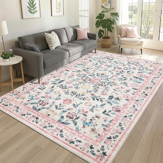 WASHABLE AREA RUG, 9X12, NON-SLIP SOFT VINTAGE LOW PILE FLORAL CARPET, PINK
