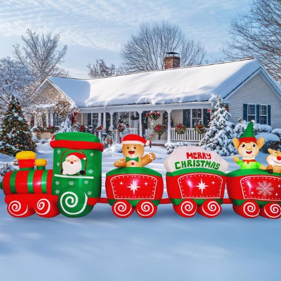MAX FUN 12FT CHRISTMAS INFLATABLES TRAIN W/SANTA CLAUS REINDEER GINGERBREAD MAN, BUILT-IN LEDs