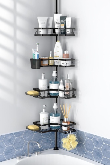 CORNER SHOWER CADDY TENSION POLE: 4TIER ADJUSTABLE RUSTPROOF BATHROOM ORGANIZER SHELVES