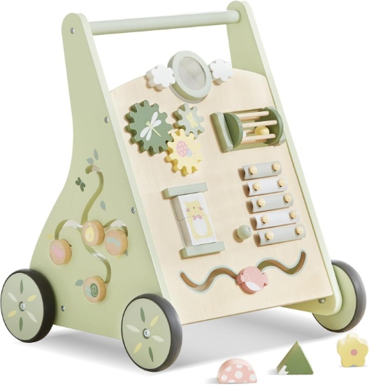 BERIGHT WOODEN BABY WALKER PUSH AND PULL LEARNING ACTIVITY TOY, DEVELOPS MOTOR SKILLS, GREEN