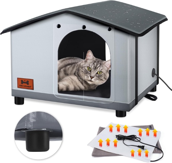 HEATED CAT HOUSE, INDOOR/OUTDOOR, WEATHERPROOF, FOR CATS AND SMALL DOGS (20"X17"X16")