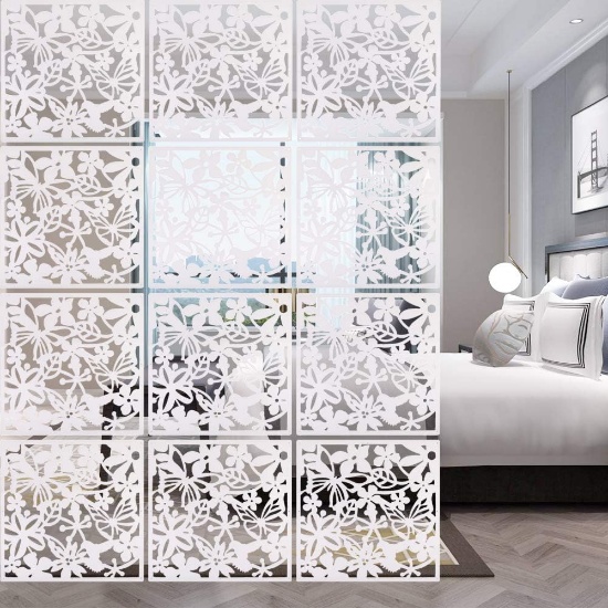 ANMINY 12 PCS HANGING ROOM DIVIDER, FLOWER CARVING PANELS FOR WALL DECOR - WHITE