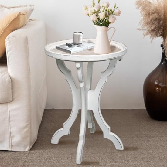ROUND SIDE TABLE WITH CARVED TRAY TOP, FARMHOUSE END TABLE, RETRO BEDSIDE TABLE