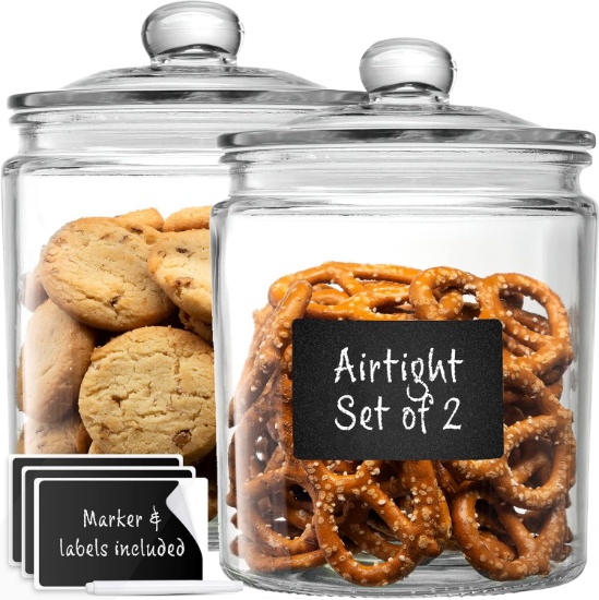 GLASS CANISTER SET FOR KITCHEN - SET OF 2, WITH LABELS, AIRTIGHT LIDS