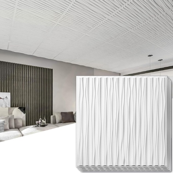 ART3DWALLPANELS CEILING TILES, 24 X 24, 12 PACK, FIRE RATED, WATERPROOF, PREMIUM PVC, WHITE