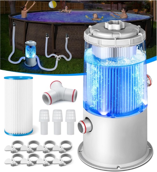 1000 GPH LIGHT-UP POOL FILTER PUMP, BUILT-IN BLUE LED, TRANSPARENT HOUSING, CARTRIDGE FILTER