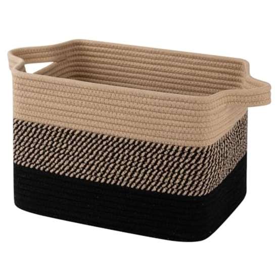 OIAHOMY WOVEN COTTON ROPE STORAGE BASKET, 13" 9.85" 8.7", BLACK & BROWN