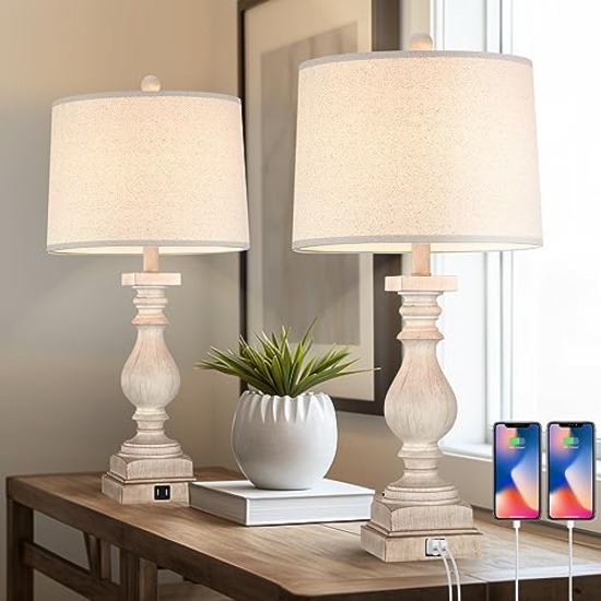 RUSTIC DIMMABLE TABLE LAMP SET OF 2, WITH USB PORTS, 26.5 RESIN BESIDE LAMPS