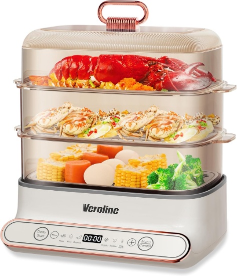 ELECTRIC FOOD STEAMER, 15QT, 3-TIER STAINLESS STEEL, 1200W, DELAY START, AUTO SHUT-OFF, BPA-FREE
