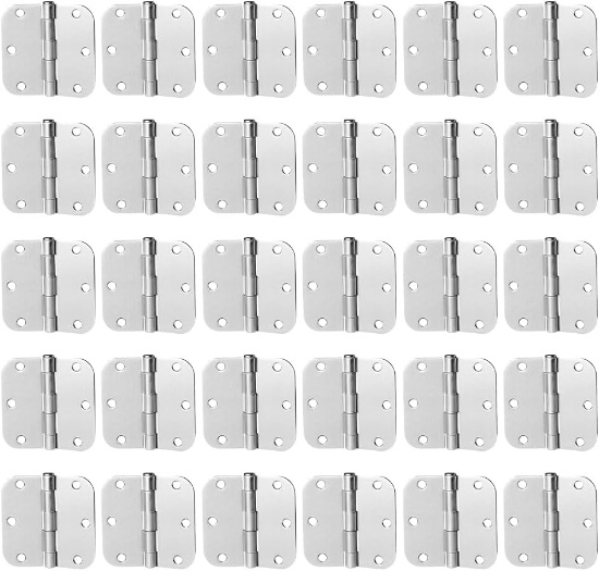 30 PACK SATIN NICKEL DOOR HINGES, 3.5", BRUSHED NICKEL, 5/8" RADIUS CORNERS