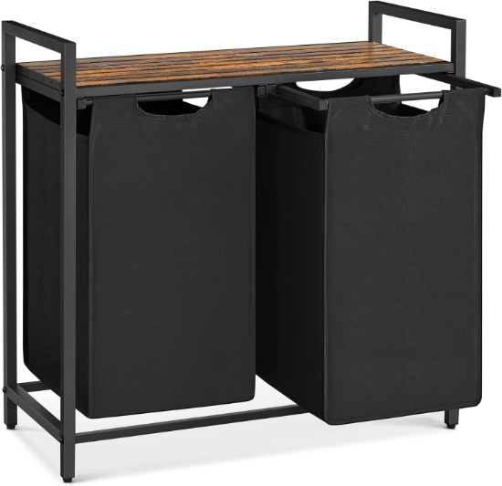 VASAGLE LAUNDRY HAMPER, 2 BAGS, SHELF, METAL FRAME, 2X12.1 GAL, 28.8X13X28.4", RUSTIC BROWN/BLACK