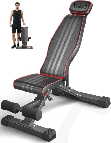 YOLEO ADJUSTABLE WEIGHT BENCH, 660LB, FOLDABLE, W/HEAD/NECK PROTECTION & SPINE SUPPORT