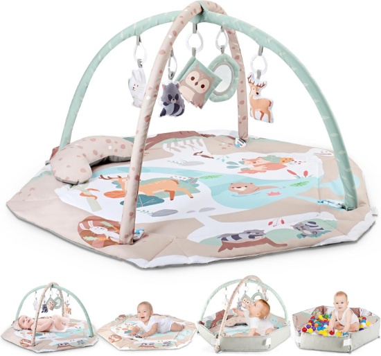 AIBOMUDA BABY GYM PLAY MAT, WASHABLE TUMMY TIME MAT W/ 5 SENSORY BABY TOYS