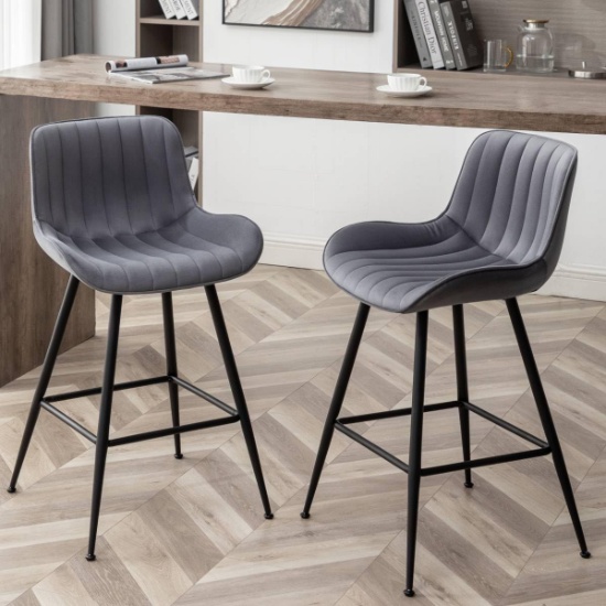 COUNTER HEIGHT VELVET BAR STOOL SET OF 2 WITH BLACK LEGS, GREY