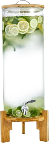 BEVERAGE DISPENSER, 3.5 GAL, WITH SPIGOT, GLASS, WOOD STAND FOR PARTIES & BARS (13L)