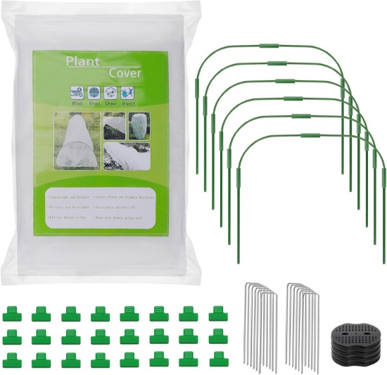 PLANT COVERS FREEZE PROTECTION KIT- 10FT X 30FT BREATHABLE NON-WOVEN FABRIC FROST BLANKET, 6 HOOPS