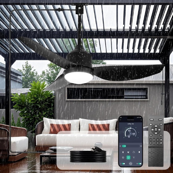 DEPULEY 52" PATIO CEILING FAN W/LIGHTS & REMOTE - OUTDOOR WATERPROOF FAN, PLUG-IN, DC MOTOR