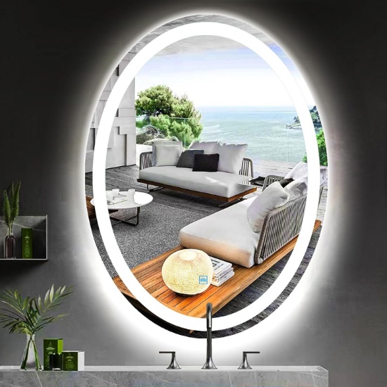 28 X 36 INCH OVAL VANITY MIRROR W/LED LIGHTS, WALL MOUNTED. DIMMABLE 3 COLOR LIGHT, ANTI FOG