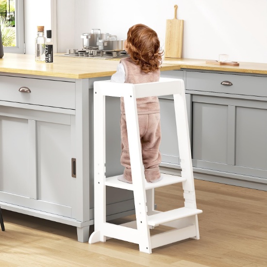 KIDS KITCHEN STEP STOOL, STEP STOOL FOR TODDLERS, ADJUSTABLE HEIGHT (WHITE)