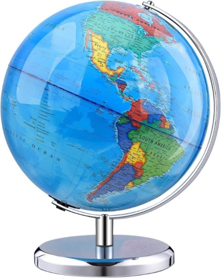 WORLD GLOBE WITH STAINLESS STEEL STAND, ROTATING EARTH SPINNING GLOBE FOR KIDS (8 INCH, BLUE)
