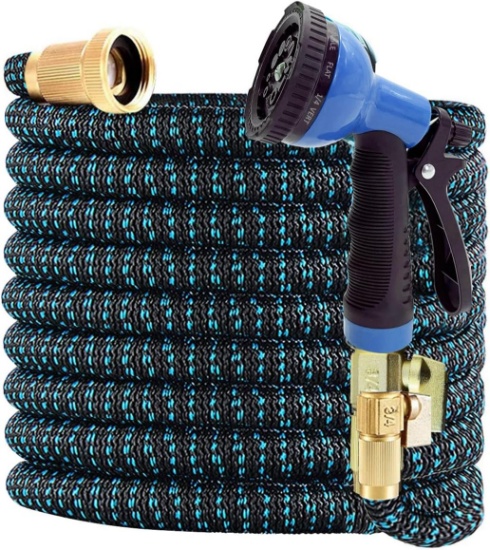 J&B XPANDAHOSE 100FT EXPANDABLE GARDEN HOSE - 3750D, BRASS CONNECTORS, 10 SPRAY NOZZLE (BLUE)