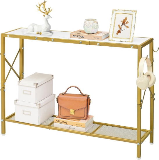 CONSOLE TABLE-NARROW ENTRYWAY TABLE WITH SHELVES AND HOOKS