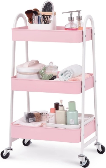 KINGRACK 3-TIER METAL ROLLING CART, MULTI-FUNCTIONAL STORAGE CART, W/WHEELS, PINK
