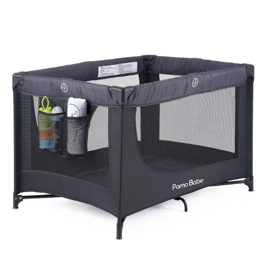 PAMO BABE PORTABLE CRIB BABY PLAYPEN WITH MATTRESS AND CARRY BAG (BLACK)