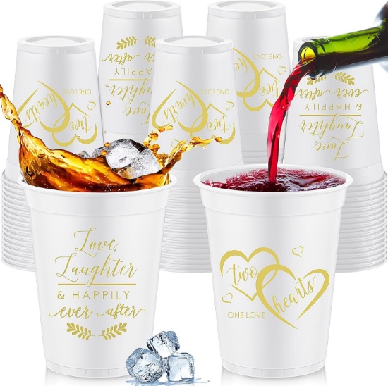 300 PCS DISPOSABLE PLASTIC CUPS, 16 OZ WHITE GOLD-TONE HEARTS WEDDING PARTY SUPPLIES - 2 DESIGNS