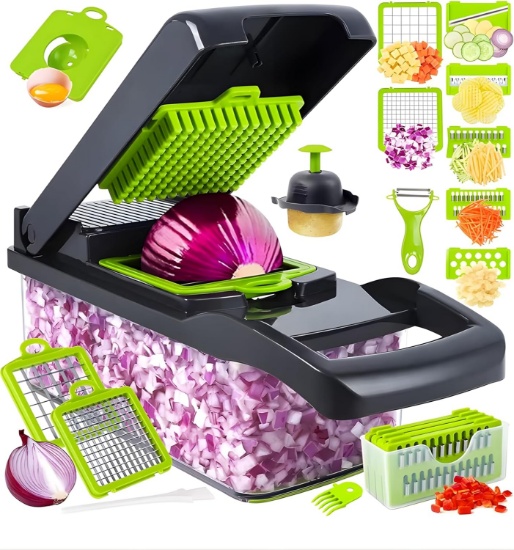 Kitchen Accessories 14 in 1 Multifunctional Vegetable and Fruit Cutter with Container, Green/Gray