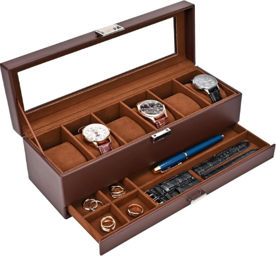 ProCase Watch Box, 6 Slot Display Case with Drawer, Glass Lid, 2-Layer Storage - Espresso