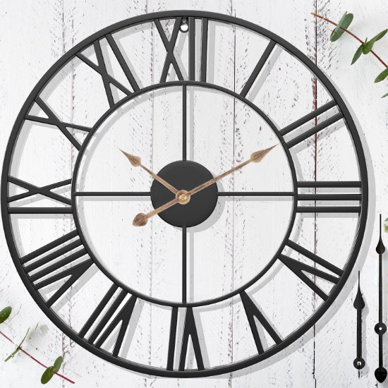 Retro Outdoor 14" Clock for Patio – Black Metal, Silent Battery - Vintage-Style Roman Numerals