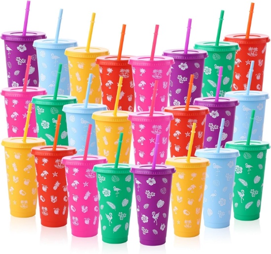 24PC 24 oz Tumbler Cups with Straw & Lid, for Beach/Tiki/Aloha/Luau Tropical Party