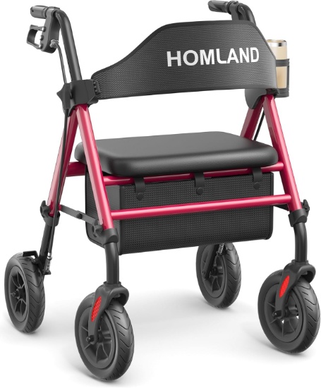 Foldable Rollator Walker, Aluminum Frame, 8" Wheels, Adjustable, Lightweight