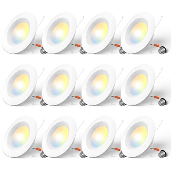 Amico 5/6" 5CCT LED Recessed Light 12 Pack, Dimmable, Damp Rated, 12.5W=100W, Baffle Trim