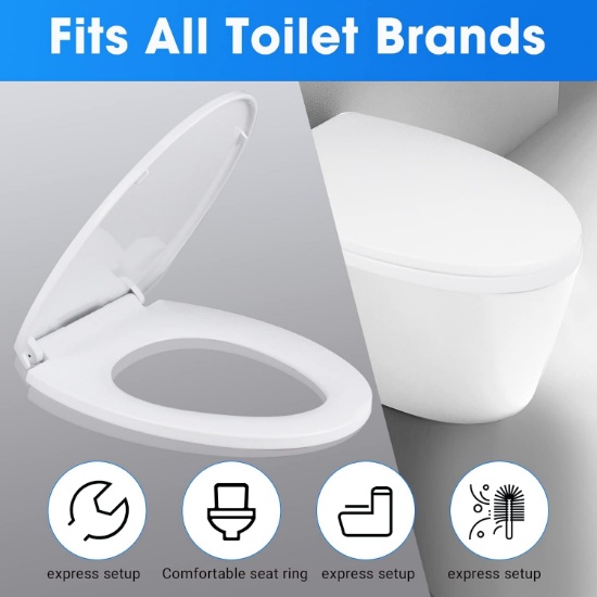 MUU Toilet Seat, Slow Close, White, Heavy Duty, Non-slip Bumpers, Fits Elongated Toilets (MU220-PP)