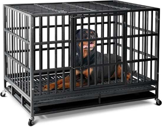48" Heavy Duty Dog Crate, Reinforced for Anxious Dogs, Double Door, 220lbs Capacity, W/Wheels