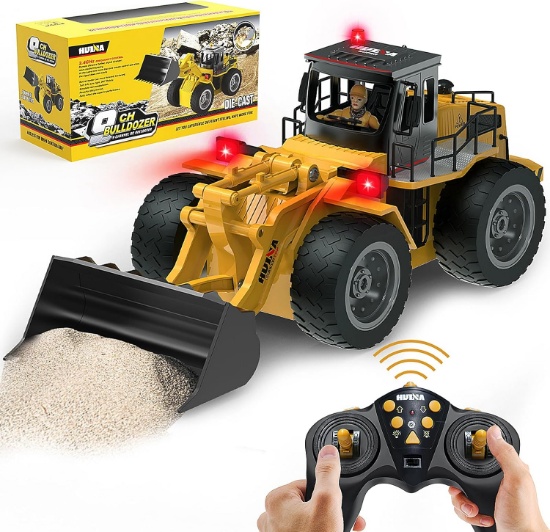 RC Bulldozer Toy, 1:18 Remote Control Tractor w/Alloy Shovel, Off-Road 4WD, Lights & Sounds