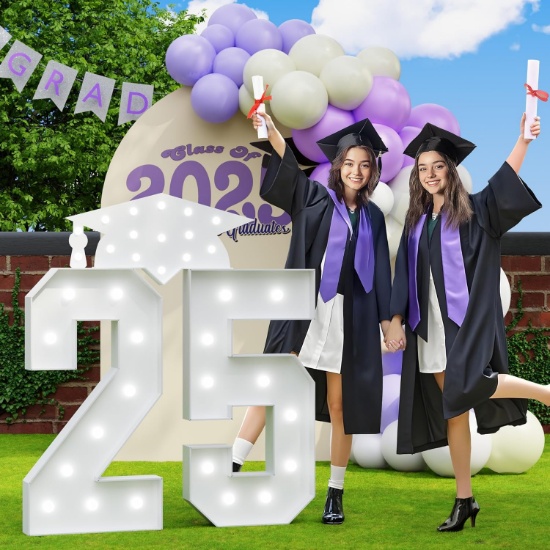 Graduation 2025: 4 Ft White Marquee Number 25 - Light Up Foam Board Graduation Décor