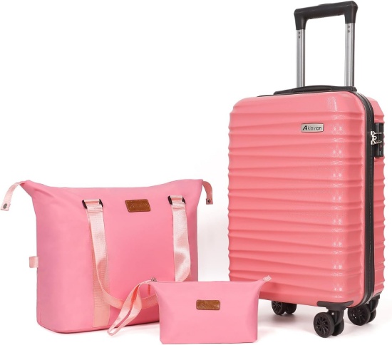 Luggage Set, 3 Piece ABS Hardshell Spinner w/Weekender & Toiletry Bag (Pink)