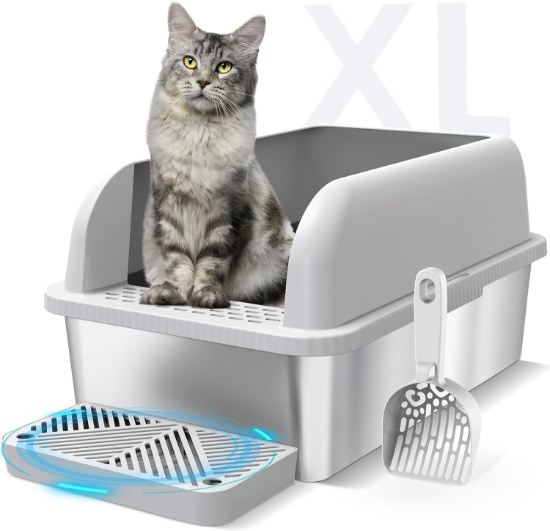 XL Stainless Steel Cat Litter Box with Lid: High Wall, Non-Sticky, Anti-Leak, Easy Clean