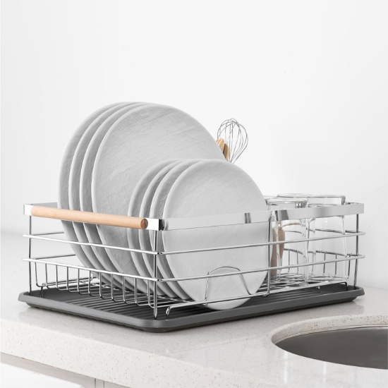 Navaris Dish Rack - Compact Drying Board w/Drip Tray & Cutlery Holder - Silver-Tone/Wood Handles