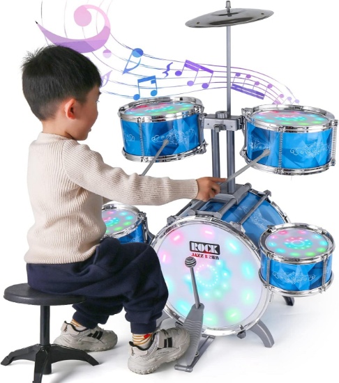 Kids Drum Set, 5-Piece, Lights, Alloy, Musical Toy, Gift for Age 1-5
