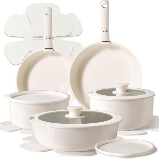 CAROTE 15PCS Ceramic Cookware Set, Non Stick, Non Toxic, Induction, White