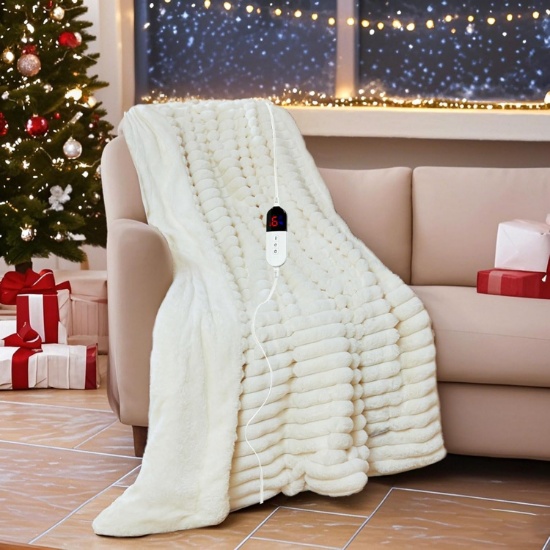Heated Blanket, 90x100, 6 Heat Levels, Auto-Off, Overheat Protection, Faux Rabbit Fur, Cream