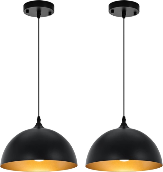 Farmhouse Black/Gold-Tone Dome Pendant Light for Kitchen/Dining, Industrial Hanging, 2 Pack