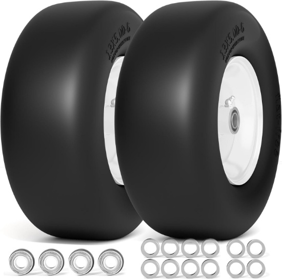 3x5.00-6 Flat Free Lawn Mower Tire, 3/4" & 5/8" Bearing, 3.25"-5.9" Hub, 2Pack, White