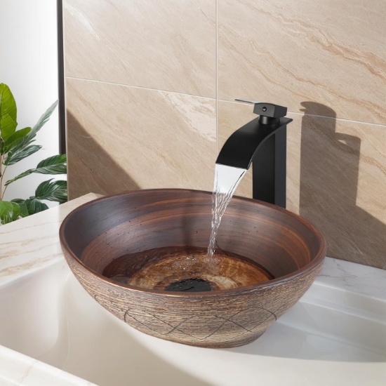 Ceramic Vessel Sink with Faucet & Drain Combo, Brown, Above Counter, Oval