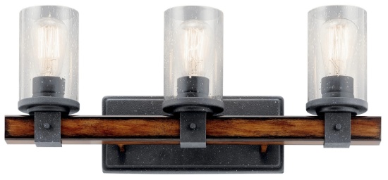 KICHLER BARRINGTON 22-IN 3-LIGHT DISTRESSED BLACK AND WOOD TONE RUSTIC VANITY LIGHT