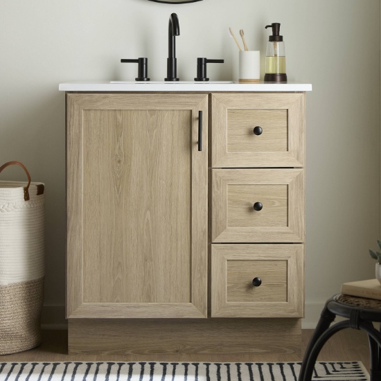 PROJECT SOURCE DAVIES 30-IN SANDSTONE SINGLE SINK BATHROOM VANITY W/WHITE CULTURED MARBLE TOP